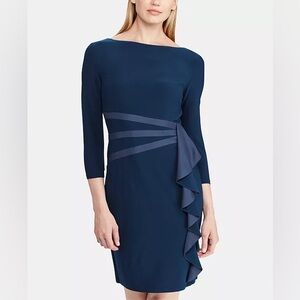 American Living Dark Blue Satin Ruffle Long Sleeve Knee Length Dress size 6